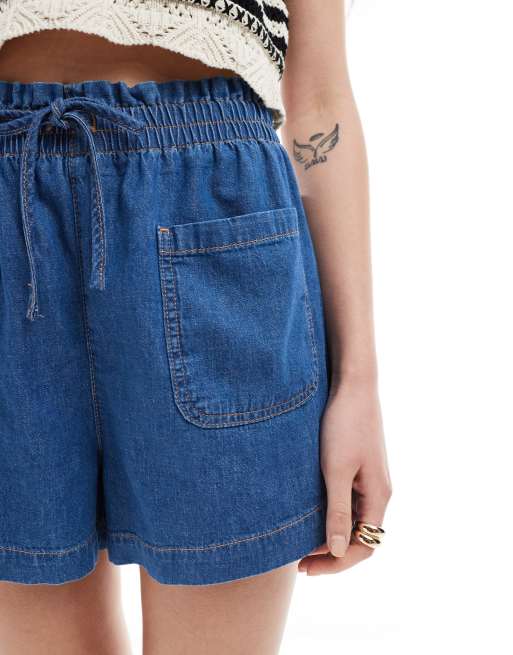 ASOS DESIGN denim pull on shorts in mid blue, 5 of 5