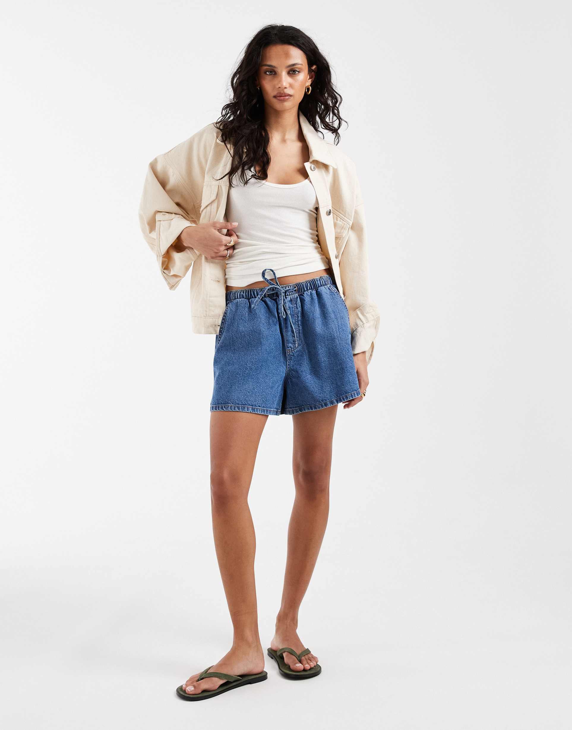 asos design denim pull on shorts in mid blue