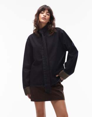 Asos Design Denim Pussybow Long Sleeve Top In Black