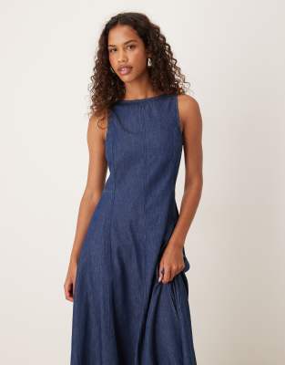 Asos Design Denim Racer Midaxi Dress With Seam Detail In Blue