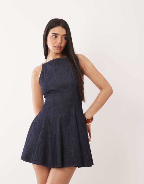 ASOS DESIGN denim racer mini dress with godet hem in rinse - view 1