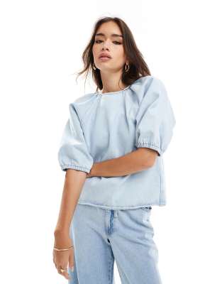Asos Design Denim Raglan Puff Sleeve Top In Bleach-blue