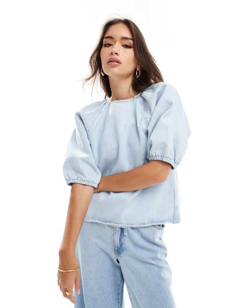 ASOS DESIGN denim raglan puff sleeve top in bleach - view 1