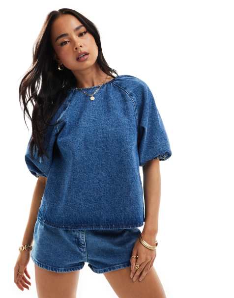 ASOS DESIGN denim raglan puff sleeve top in mid blue - view 1