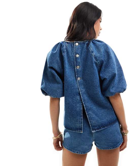 ASOS DESIGN denim raglan puff sleeve top in mid blue ASOS