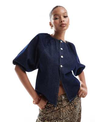 denim raglan sleeve top in indigo-Blue