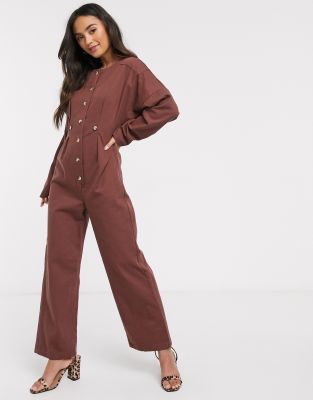 ASOS DESIGN denim relaxed jumpsuit-Brown