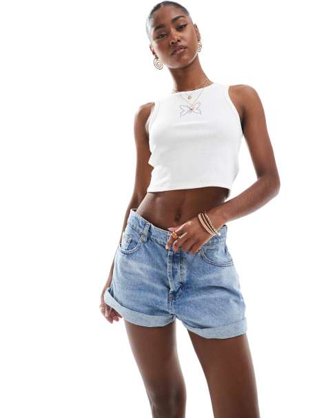 ASOS DESIGN denim relaxed short with roll hem in midwash blue - view 1