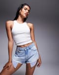 [ASOS DESIGN] ASOS DESIGN denim rip shorts with dropped pocket bag in lightwash-Blue 8 Light wash