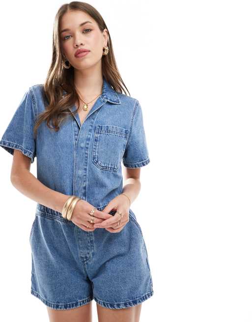 ASOS DESIGN denim romper in midwash blue