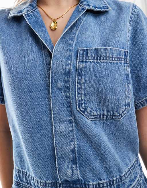 ASOS DESIGN denim romper in midwash blue
