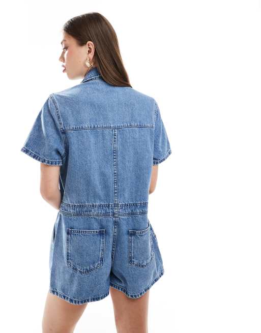 ASOS DESIGN denim romper in midwash blue