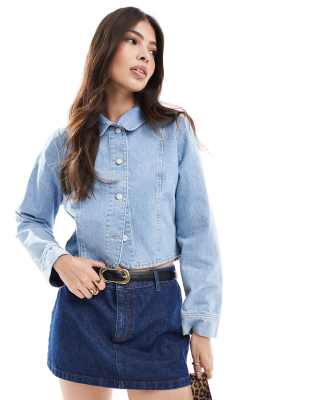 Asos Design Denim Round Collar Jacket In Mid Blue