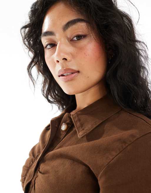 ASOS DESIGN denim ruched front mini dress in chocolate