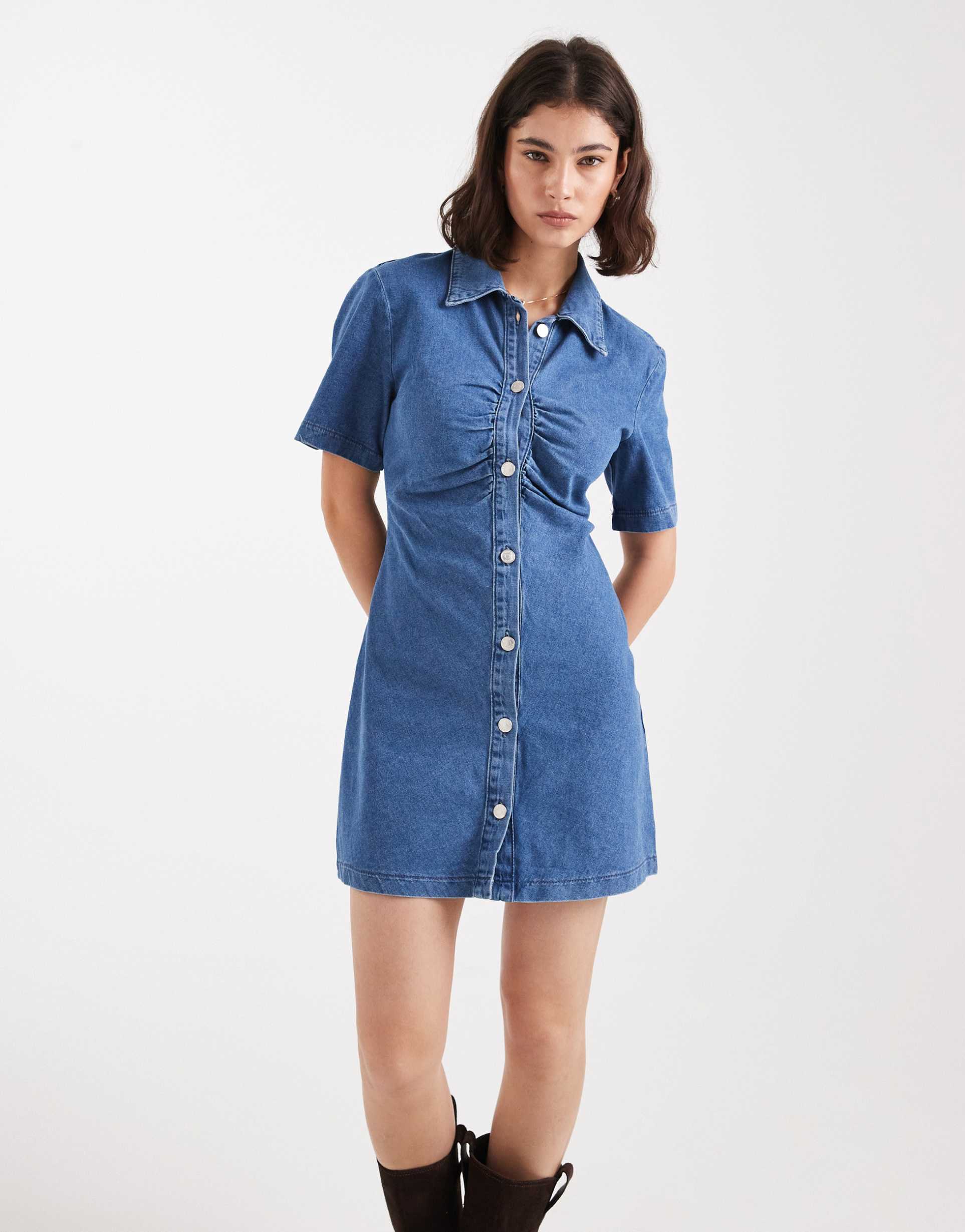 asos design denim ruched front mini dress in mid blue