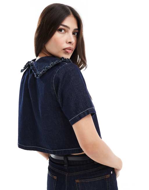 ASOS DESIGN denim ruffle collar short sleeve top in indigo