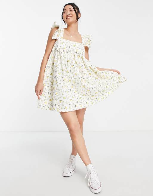 ASOS DESIGN denim ruffle sleeve babydoll dress in floral print