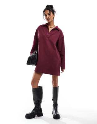 denim rugby dress in burgundy-Red