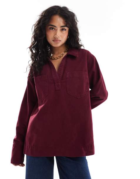 ASOS DESIGN denim rugby top in burgundy - view 1