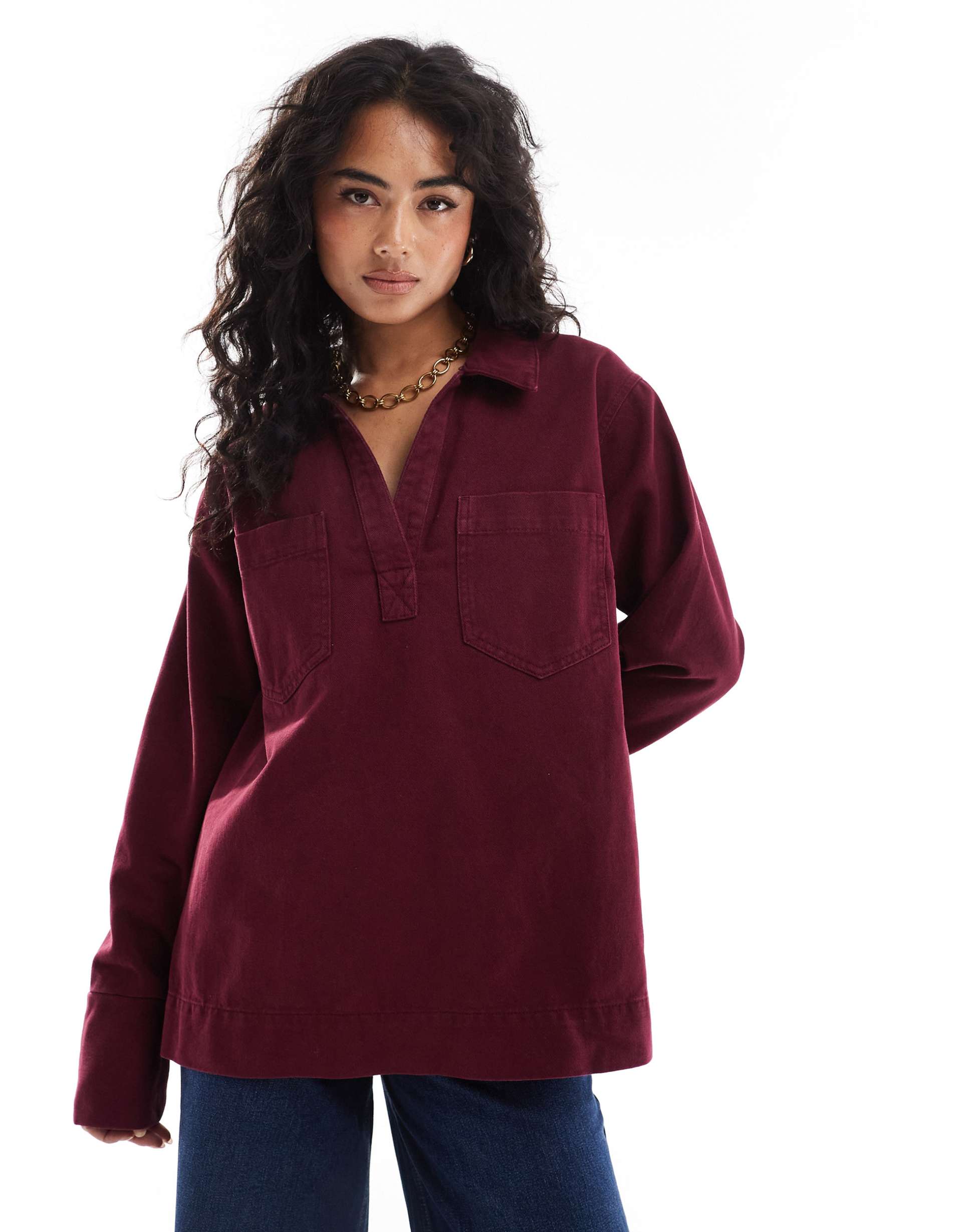 asos design denim rugby top in burgundy