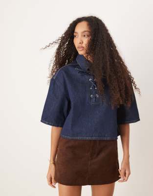 Asos Design Denim Rugby Top With Lace Up Front-navy