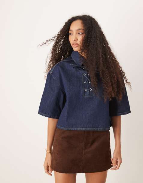 ASOS DESIGN denim rugby top with lace up front - view 1