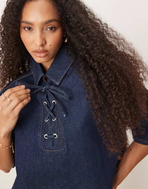 ASOS DESIGN denim rugby top with lace up front | ASOS
