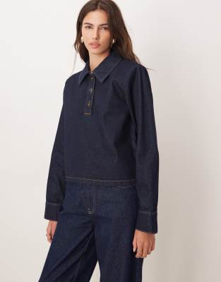 Asos Design Denim Rugby Top With Shoulder Pads In Blue