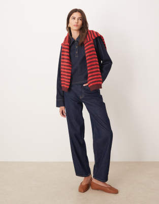 Asos Design Denim Rugby Top With Shoulder Pads In Blue