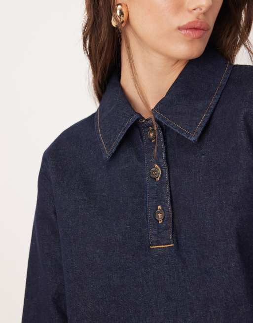 ASOS DESIGN denim rugby top with shoulder pads in indigo, 3 of 4