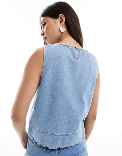 ASOS DESIGN denim scallop edge tank top in mid blue | ASOS