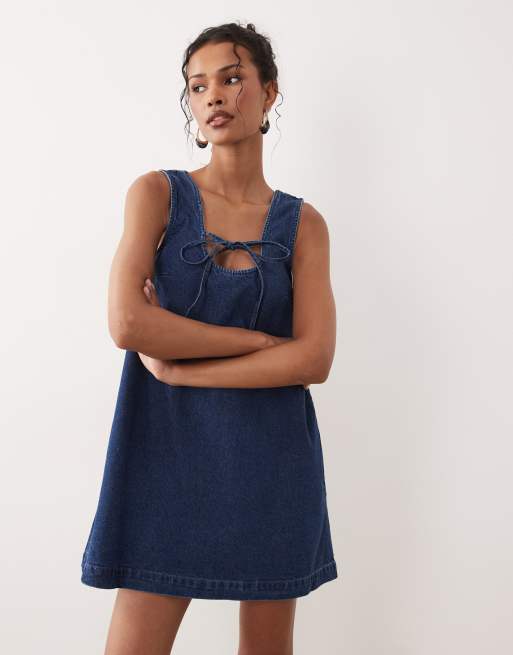 ASOS DESIGN denim scoop mini dress with bow front in dark mid blue, 2 of 4
