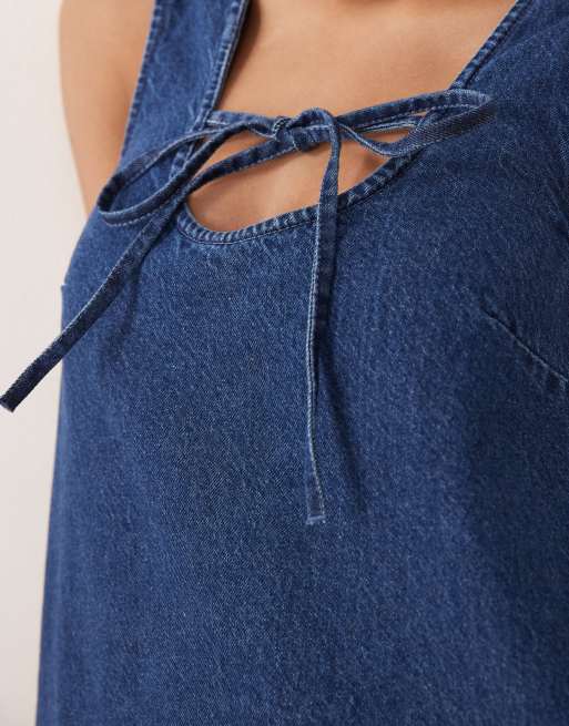 ASOS DESIGN denim scoop mini dress with bow front in dark mid blue, 3 of 4