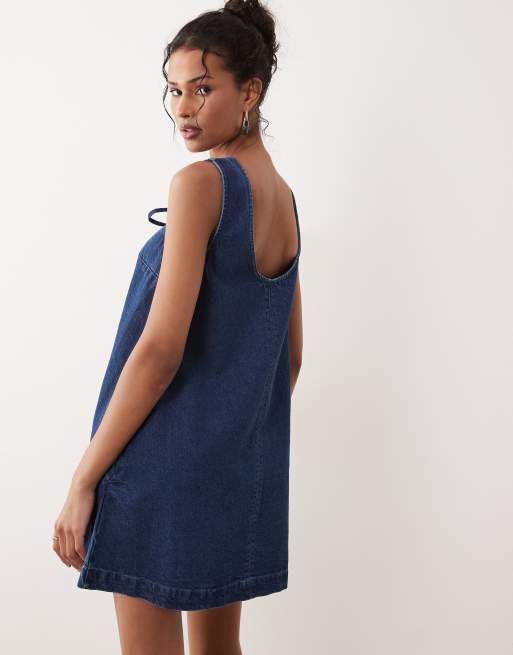 ASOS DESIGN denim scoop mini dress with bow front in dark mid blue, 4 of 4