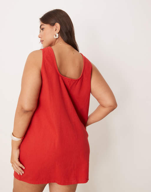 ASOS DESIGN denim scoop mini dress with bow front in red