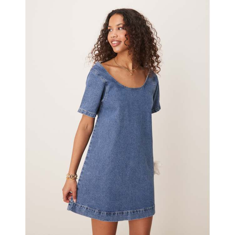 denim mini dress asos ASOS DESIGN denim mini dress with oversized ruffle collar in mid blue