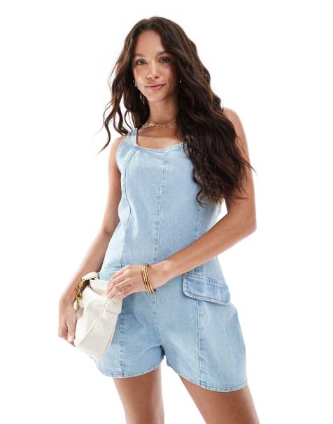 ASOS DESIGN denim scoop neck playsuit with pocket detail in light mid blue - view 1