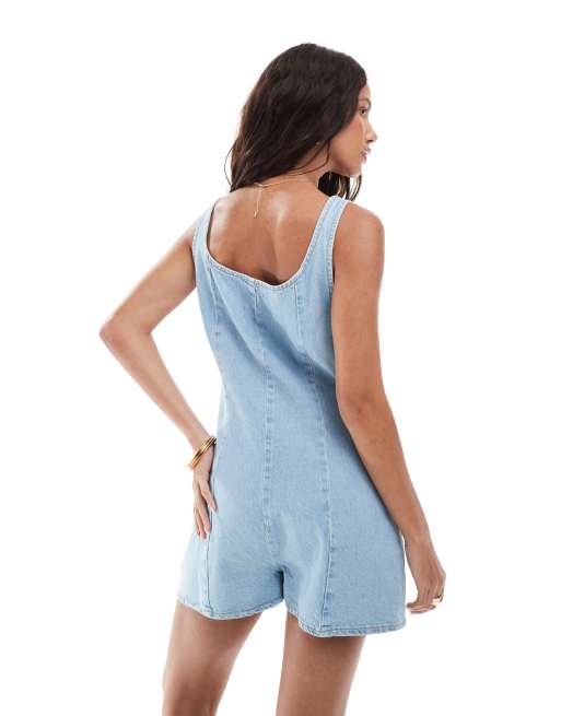 ASOS DESIGN denim scoop neck playsuit with pocket detail in light mid blue, 2 of 4