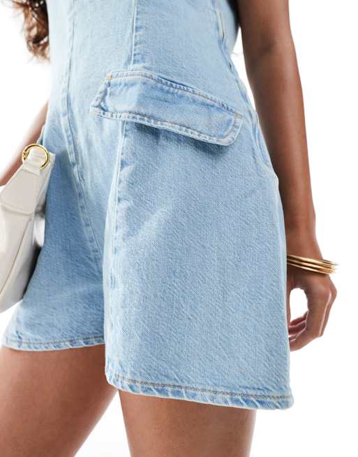 ASOS DESIGN denim scoop neck playsuit with pocket detail in light mid blue, 4 of 4