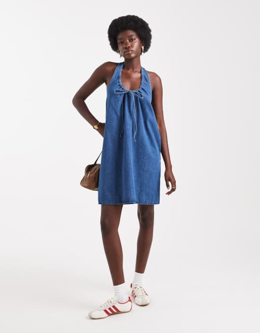 ASOS DESIGN denim scoop neck ruched mini dress in dark mid blue