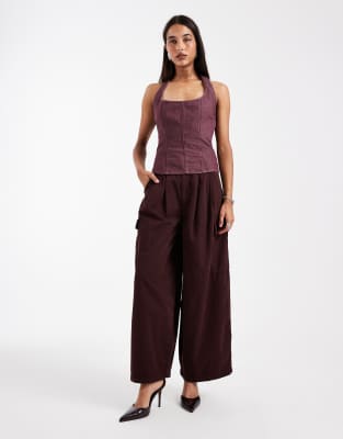 Asos Design Denim Scoop Neck Seamed Halter Top In Purple