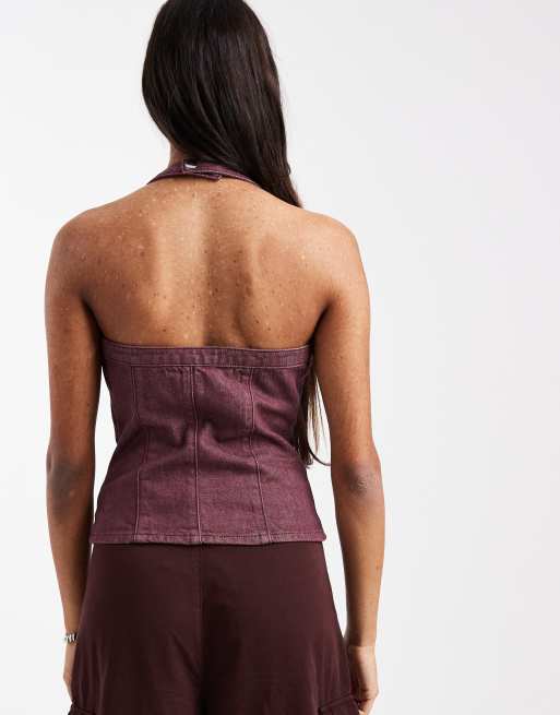 ASOS DESIGN denim scoop neck seamed halter top in plum, 4 of 4