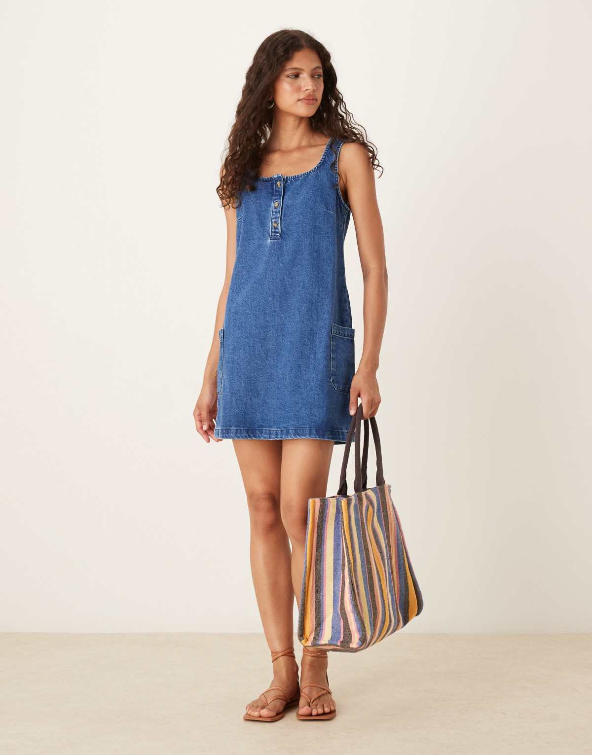 ASOS DESIGN denim scoop neck shift mini dress with pockets in mid blue