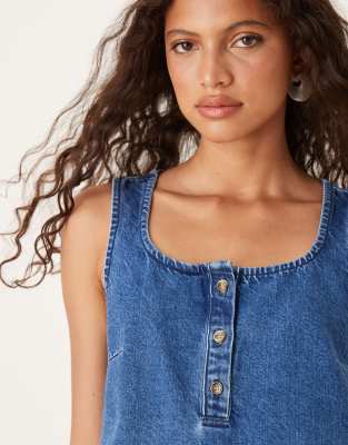 Asos Design Denim Scoop Neck Shift Mini Dress With Pockets
