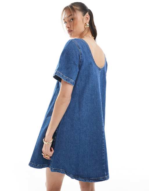ASOS DESIGN denim scoop neck short sleeve mini dress in mid blue | ASOS