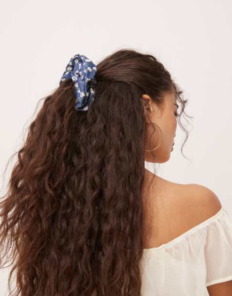 ASOS DESIGN denim scrunchie with floral embroidery - view 1