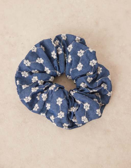 ASOS DESIGN denim scrunchie with floral embroidery | ASOS