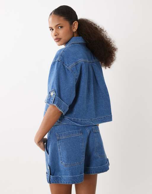 ASOS DESIGN denim seam front short co-ord in mid blue, 5 of 5