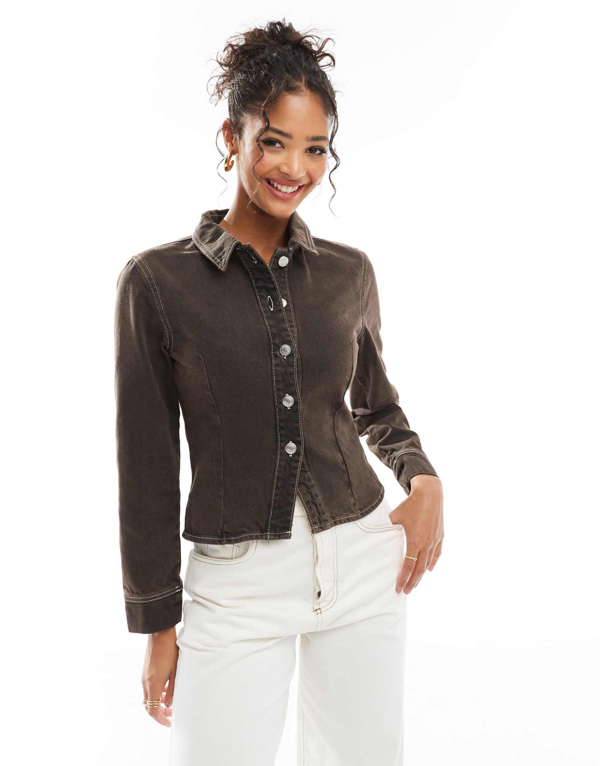 asos design denim seamed cinch shirt in brown