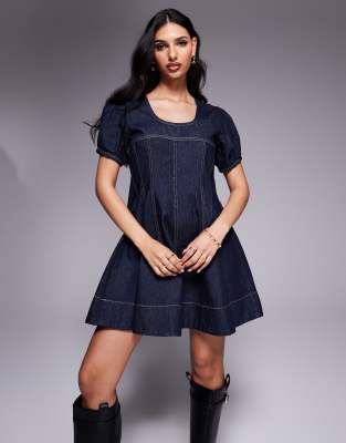 Asos Design Denim Seamed Dress In Rinse Wash-blue